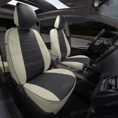 Чехлы на сиденья из экокожи для Nissan Tiida 2 хэтчбек C13 (2015-2018), Белый/Черный, Автопилот