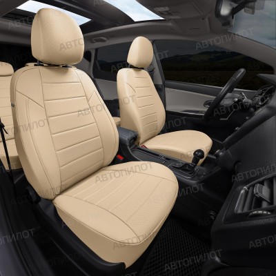 Чехлы на сиденья из экокожи для Hyundai i30 хэтчбек, универсал (2012-2016), Бежевый/Бежевый, Автопилот
