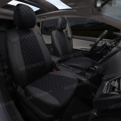 Чехлы на сиденья из алькантары ромб для Hyundai Getz GL (2002-2011) сиденье сплошное, Черный/Черный, Автопилот