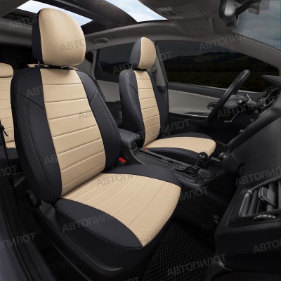 Чехлы на сиденья из экокожи для Volkswagen Caddy (2015-2020) 5 мест, Черный/Бежевый, Автопилот