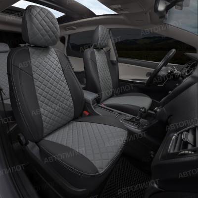 Чехлы на сиденья из экокожи ромб для Datsun on-Do (2014-2020) сплошная, Черный/Серый, Автопилот