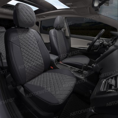 Чехлы на сиденья из алькантары ромб для Hyundai Solaris 2 седан (2017-2023) 40/60, Черный/Темно-серый, Автопилот