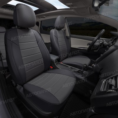 Чехлы на сиденья из экокожи для Hyundai Trajet 7 мест (2000-2009), Черный/Темно-серый, Автопилот