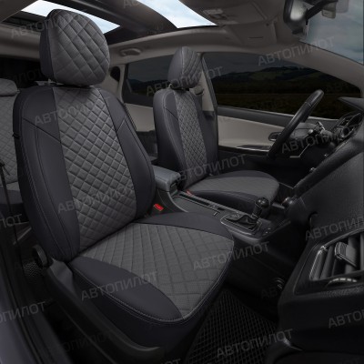 Чехлы на сиденья из экокожи ромб для Hyundai Solaris 1 седан (2010-2017) 40/60, Черный/Темно-серый, Автопилот