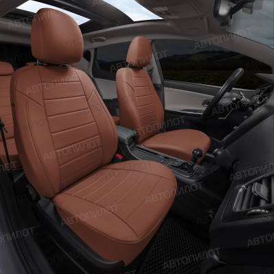 Чехлы на сиденья из экокожи для Nissan Almera 3 G15 (2013-2018) сплошная, Коричневый/Коричневый, Автопилот
