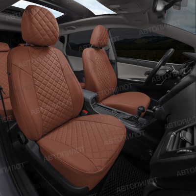 Чехлы на сиденья из экокожи ромб для Audi A6 (C7) (2011-2018), Коричневый/Коричневый, Автопилот