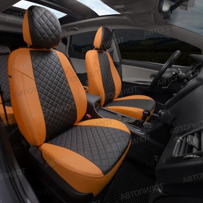 Чехлы на сиденья из экокожи ромб для Honda Civic 9 седан (2012-2016), Оранжевый/Черный, Автопилот