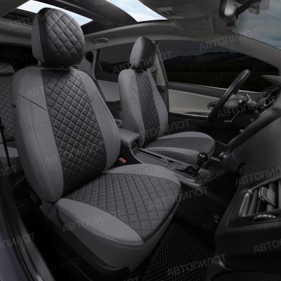 Чехлы на сиденья из экокожи ромб для Mazda CX-5 (2017-2023) Drive, Серый/Черный, Автопилот