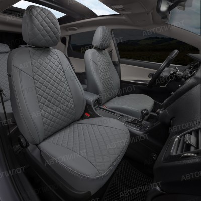 Чехлы на сиденья из экокожи ромб для BMW 1 серия Е87 купе (2007-2014) 3 двери, Серый/Серый, Автопилот