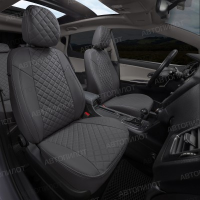 Чехлы на сиденья из экокожи ромб для Nissan Almera 3 G15 (2013-2018) сплошная, Темно-серый/Темно-серый, Автопилот