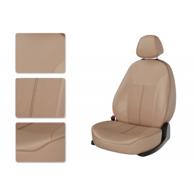 Чехлы на сиденья из экокожи Hyundai Solaris 1 хэтчбек (2010-2017) CarFashion бежевый/бежевый/коричневый