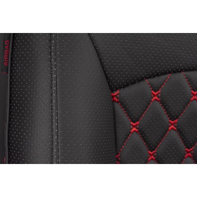 Чехлы на сиденья Volkswagen Polo седан (2010-2020) сплошная MAXIMAL VIP Экокожа,  черный/черный/черный шов красный
